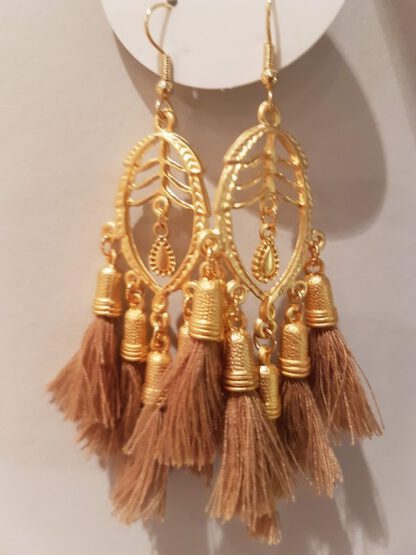 Gold Satara Tassel Earrings Camel Beige