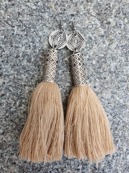 Silver Camilla Deluxe Tassel Earrings Camel Beige