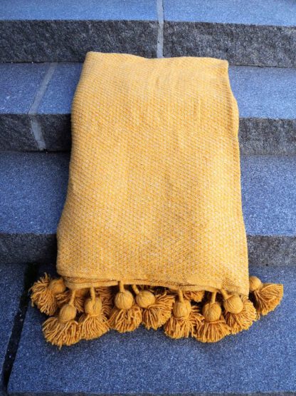 Pom pom teppe Mustard hvit ULL