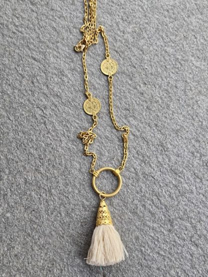 Gold Big Tassel Necklace | Halskjede med stor lys beige dusk 1 - Bilde 2