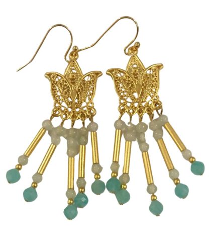 Gold Filigree Lotus Earrings - Aquamarine Crystal & Amazonite, øredobber med krystall og amasonitt