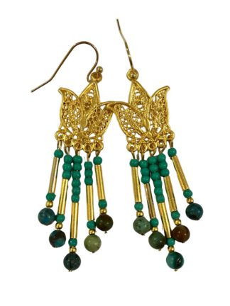 Gold Filigree Lotus Turquoise Fringe Earrings, øredobber med turkiser