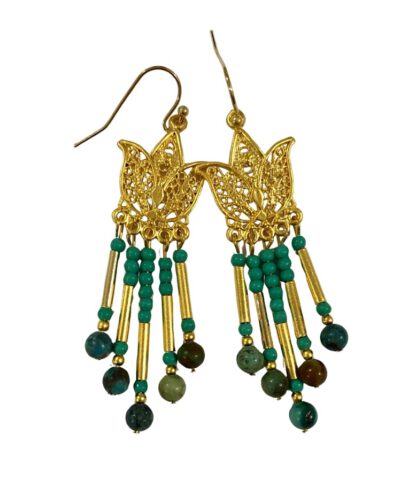 Gold Filigree Lotus Turquoise Fringe Earrings, øredobber med turkiser