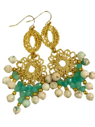Gold Nefertiti Filigree Fringe Earrings - Turquoise & Moonstone, øredobber