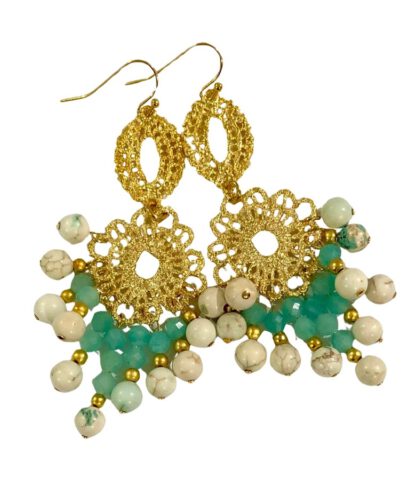 Gold Nefertiti Filigree Fringe Earrings - Turquoise & Moonstone, øredobber