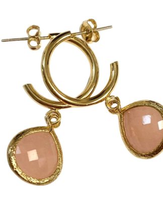 Gold Small Hoop Earrings Pastel Peach, øredobber med glasstein