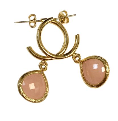 Gold Small Hoop Earrings Pastel Peach, øredobber med glasstein