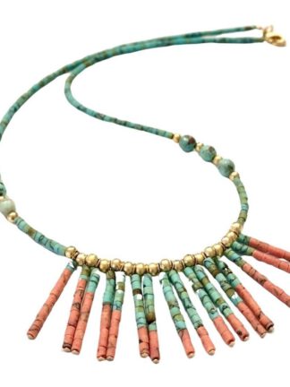 Gold Turquoise & Dark Coral Bead Fringe Necklace, halssmykke med mineralsteiner