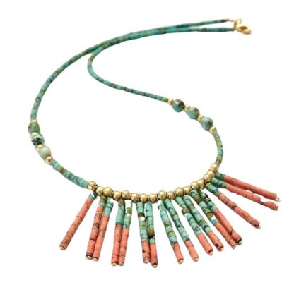 Gold Turquoise & Dark Coral Bead Fringe Necklace, halssmykke med mineralsteiner