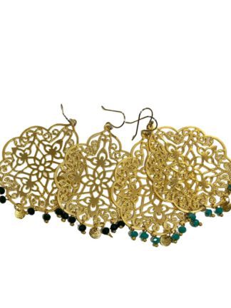 Marrakech Gold Filigree Earrings with Crystal Beads Dark Emerald, store øredobber
