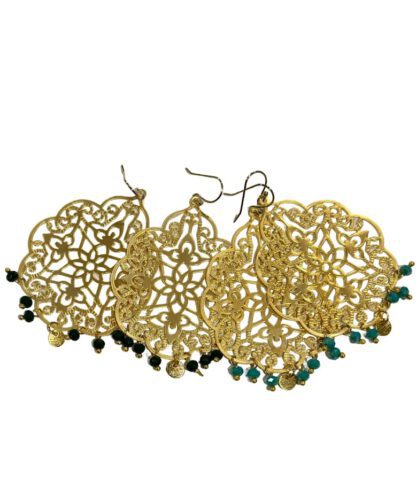 Marrakech Gold Filigree Earrings with Crystal Beads Dark Emerald, store øredobber